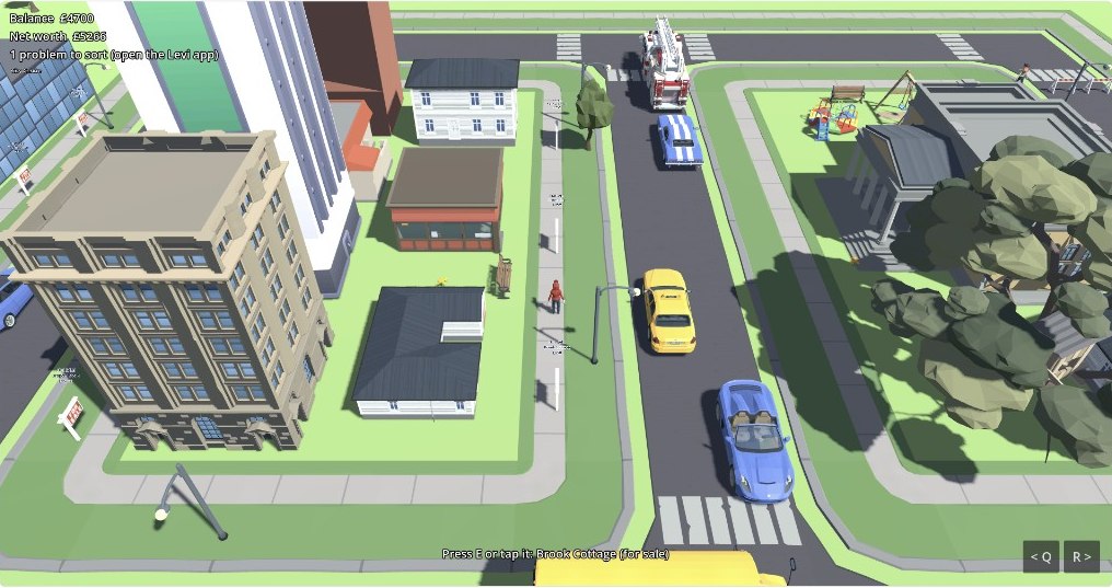 My city: a 3D cartoon street with a taxi, a fire engine, a playground and tall buildings, the player on the pavement outside Brook Cottage, which is for sale